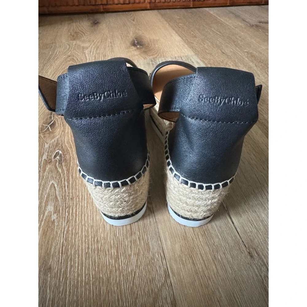 See By Chloe NWOT Glyn Black Leather Platform Espadrilles Wedge Sandals‎ Size 36